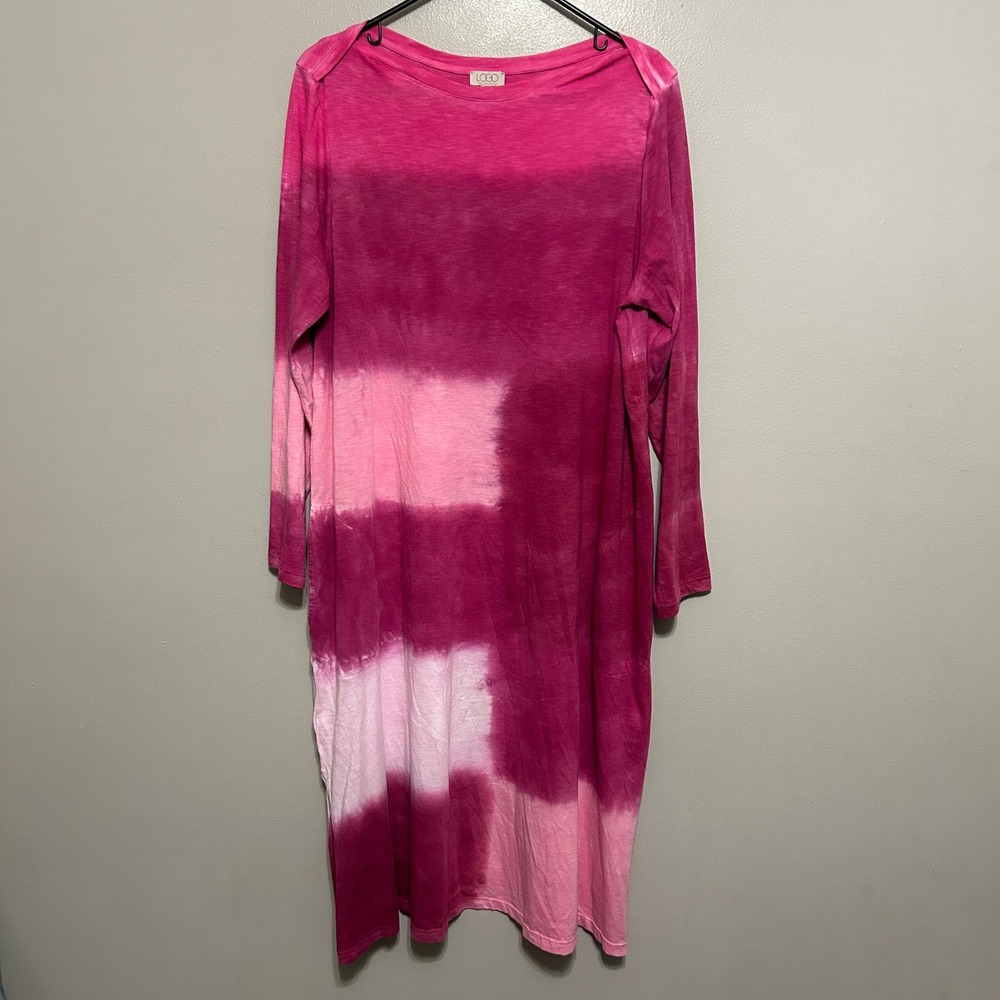 LOGO Lori Goldstein T-Shirt Dress Womens L Pink Tie Dye Artsy Long Sleeve Midi